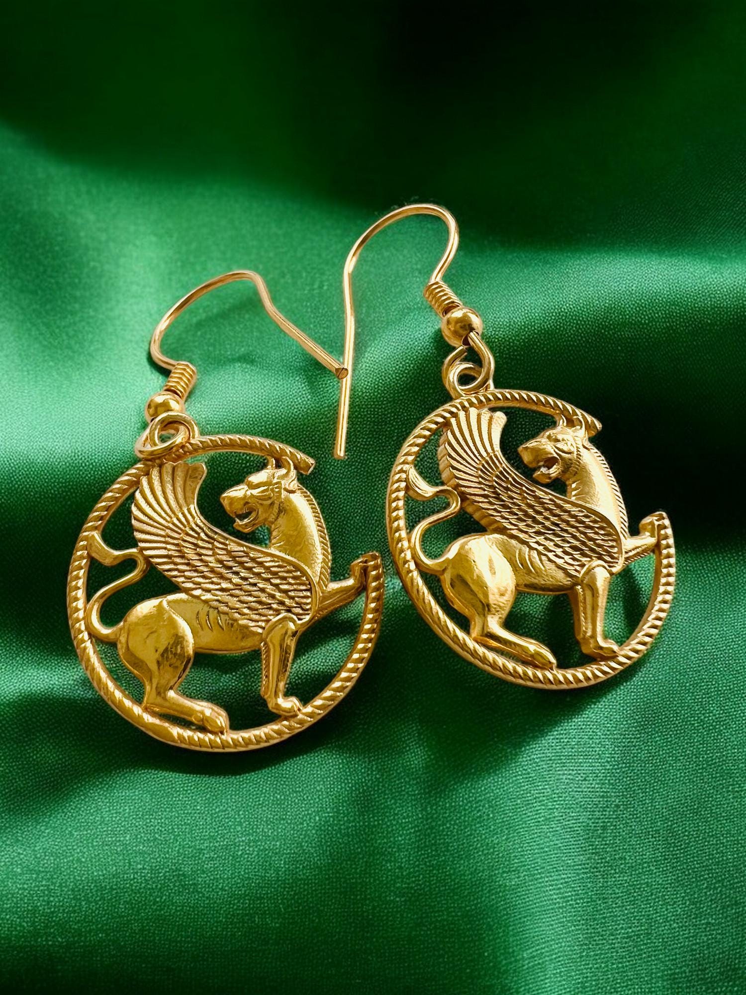 Persian Imperial Griffin Earrings • 22K Gold Plated • Handcrafted 925 Silver Mythical Jewelry,Persia, made in Turkey