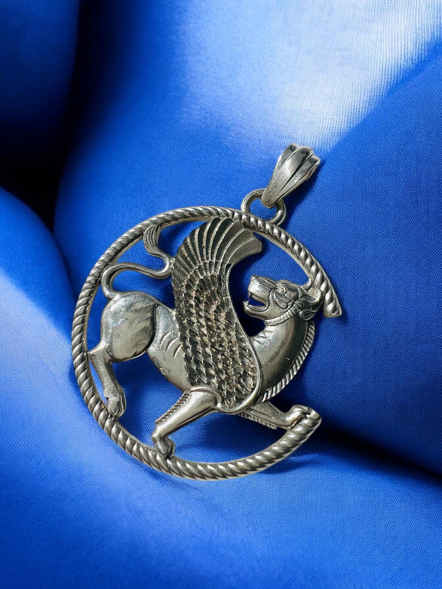 925 Silver Griffin Pendant: Persian Farvahar, Pahlavi Shah
