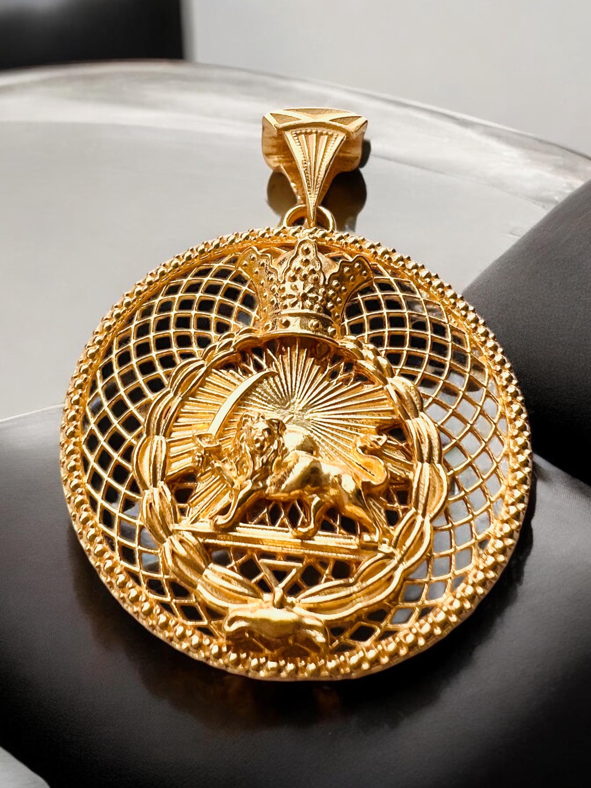 Gold Plated Lion & Sun Pendant 925 Silver Pahlavi Persia Persian,Farsi,Made in Turkey