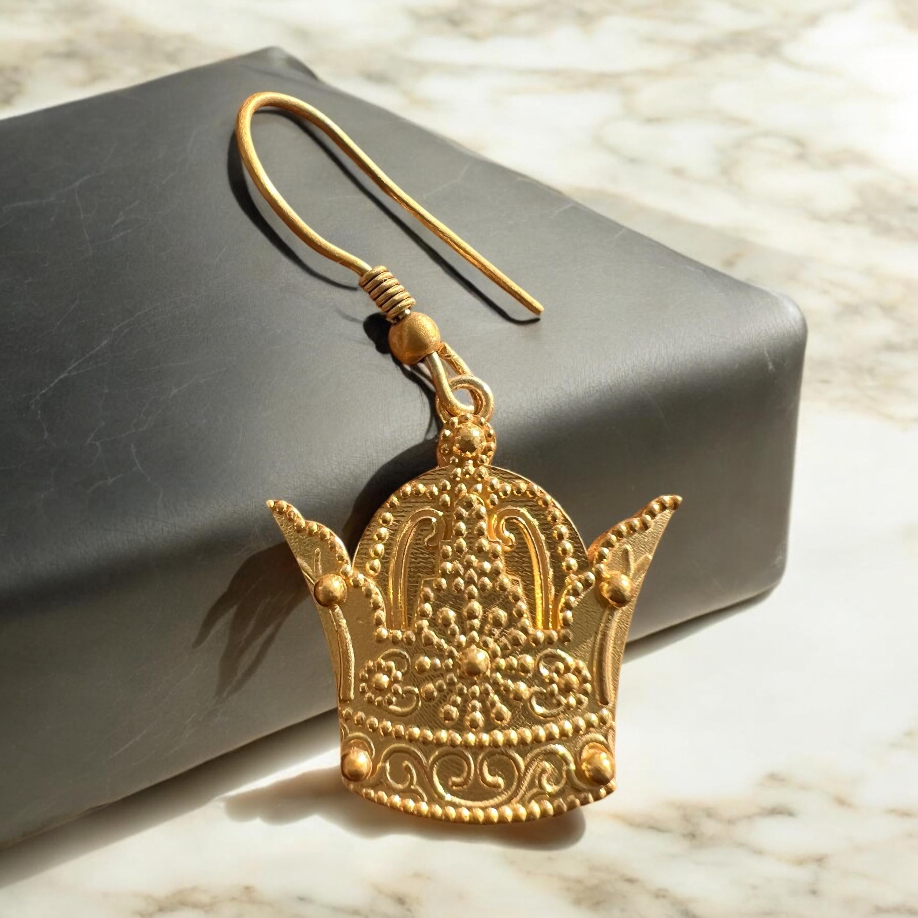 22k Gold Plated Pahlavi Crown Earrings: Persian Lion & Sun, 925 Silver