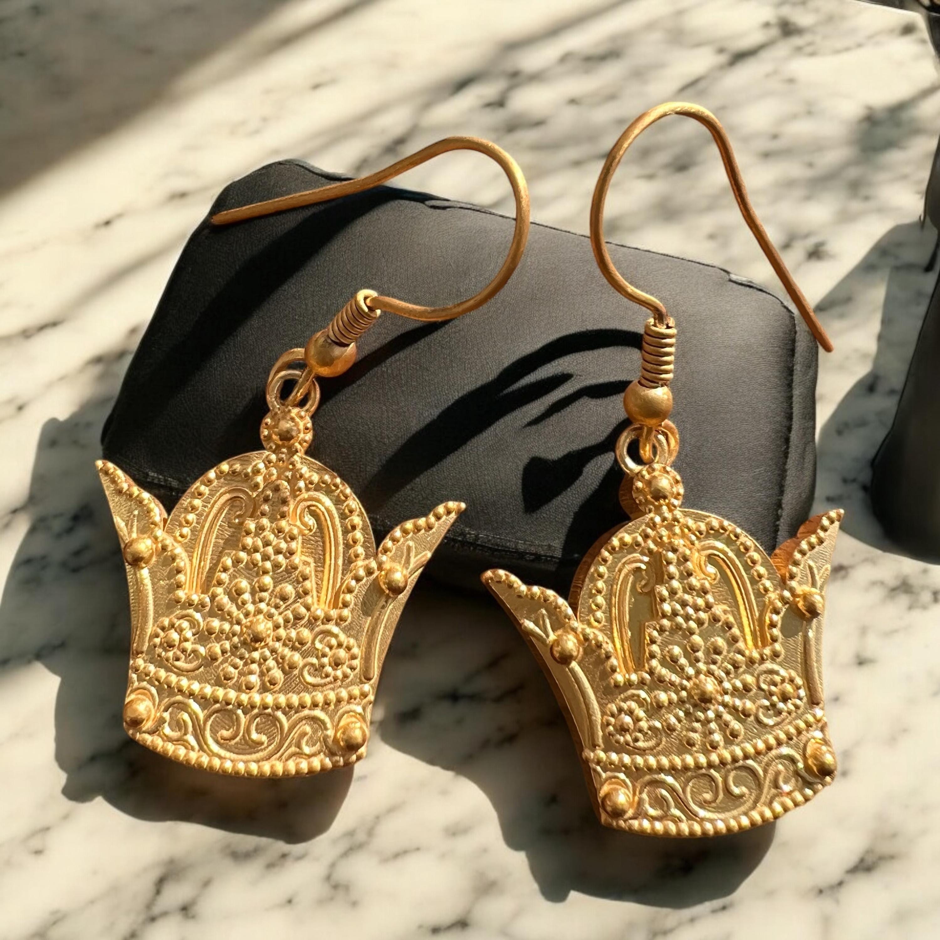 22k Gold Plated Pahlavi Crown Earrings: Persian Lion & Sun, 925 Silver