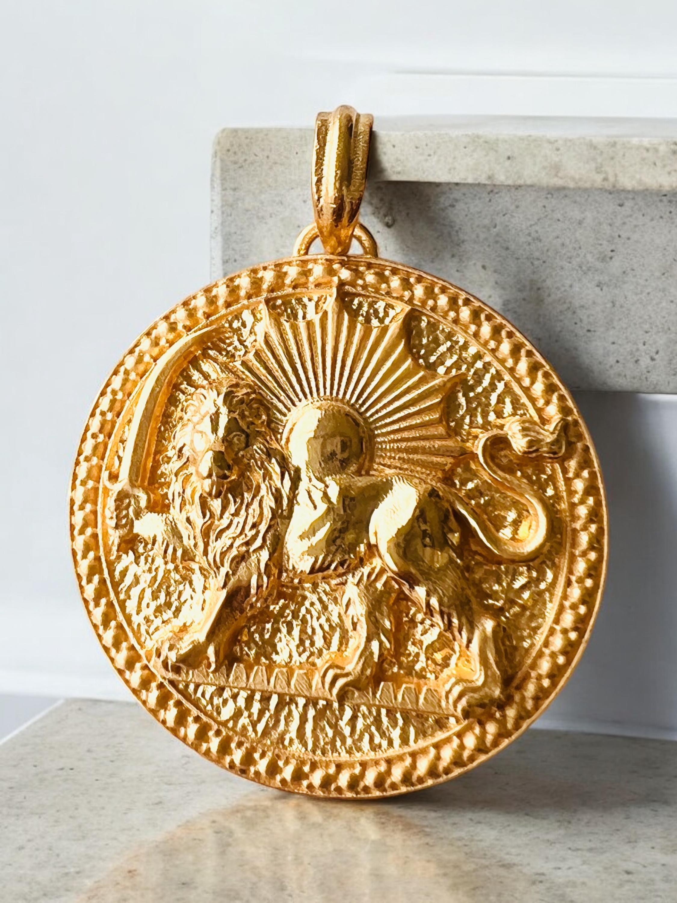 22k Gold Plated Lion & Sun Pendant: 925 Sterling Silver Farvahar Necklace