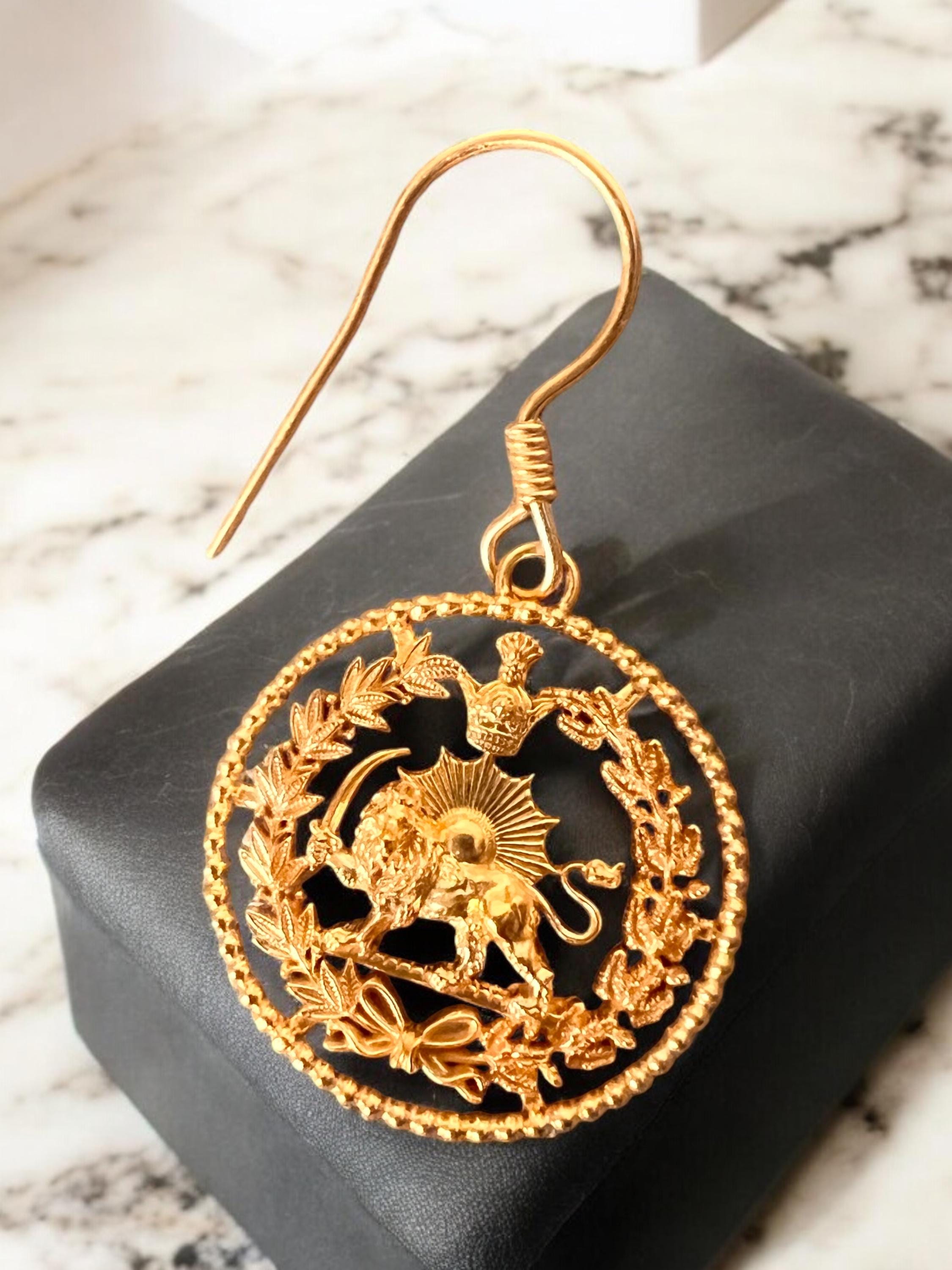 22K Gold Plated Lion & Sun Earrings: Pahlavi Persian art Persia Crown, 925 Silver