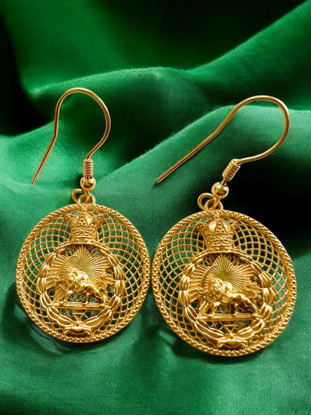 22K Gold Plated Lion & Sun Earrings: Pahlavi Crown, 925 Sterling Silver