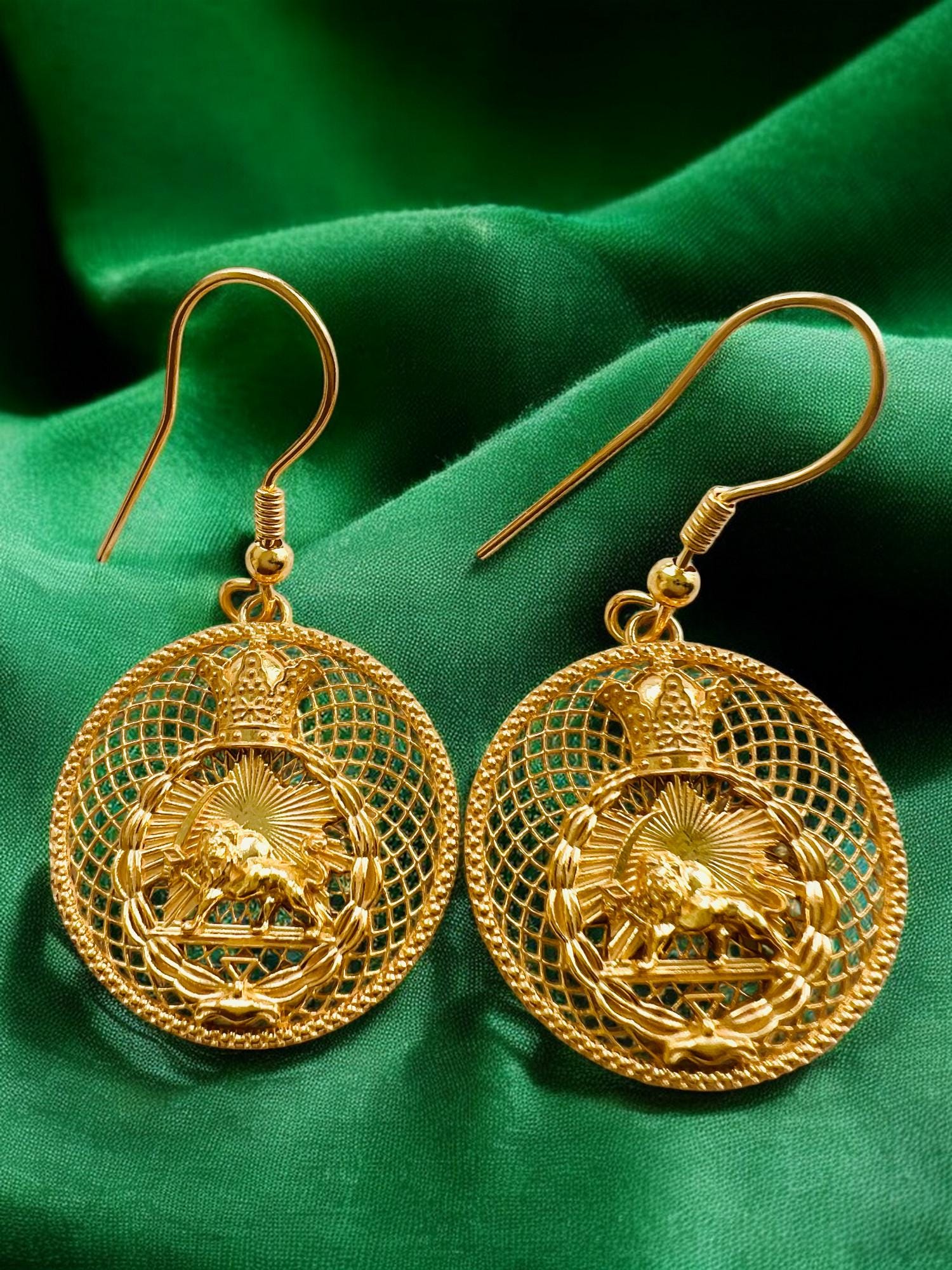22K Gold Plated Lion & Sun Earrings: Pahlavi Crown, 925 Sterling Silver