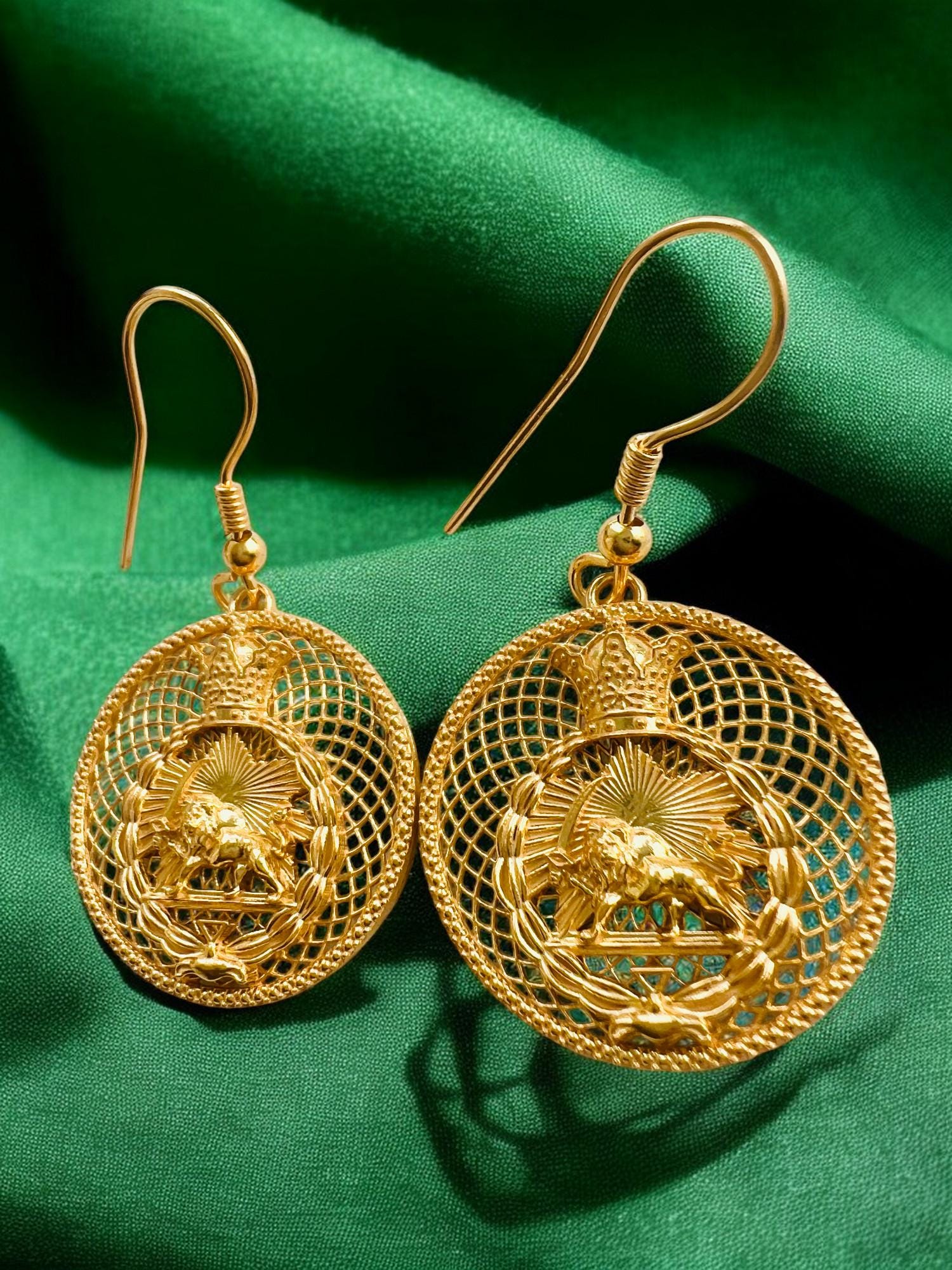 22K Gold Plated Lion & Sun Earrings: Pahlavi Crown, 925 Sterling Silver