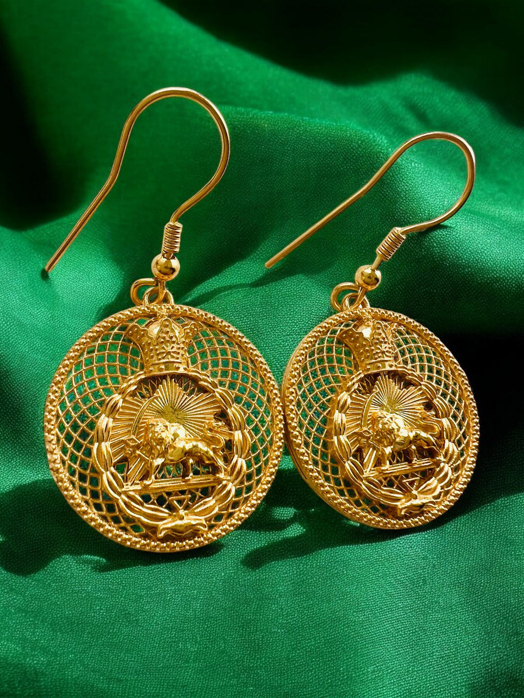 22K Gold Plated Lion & Sun Earrings: Pahlavi Crown, 925 Sterling Silver