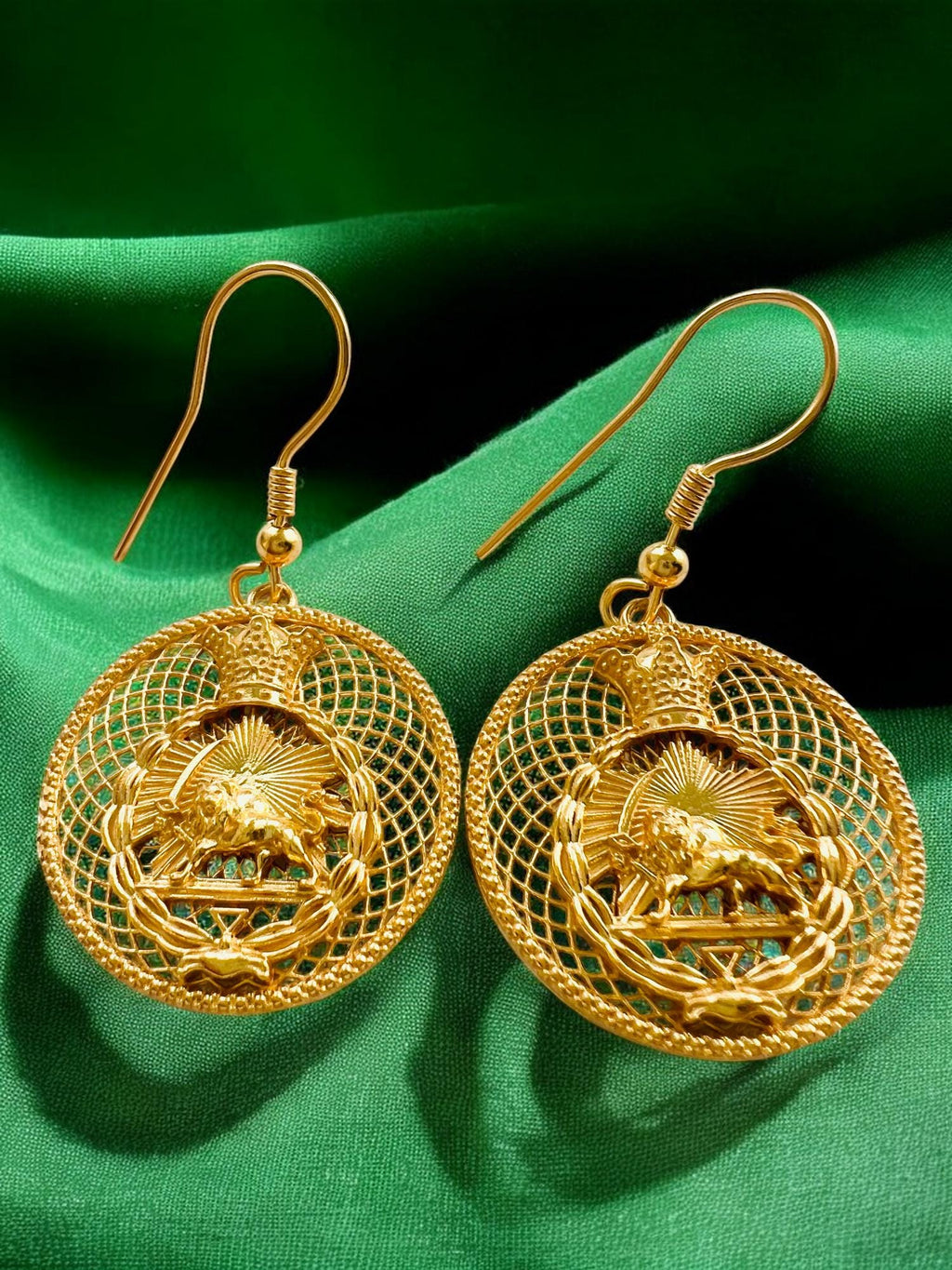22K Gold Plated Lion & Sun Earrings: Pahlavi Crown, 925 Sterling Silver