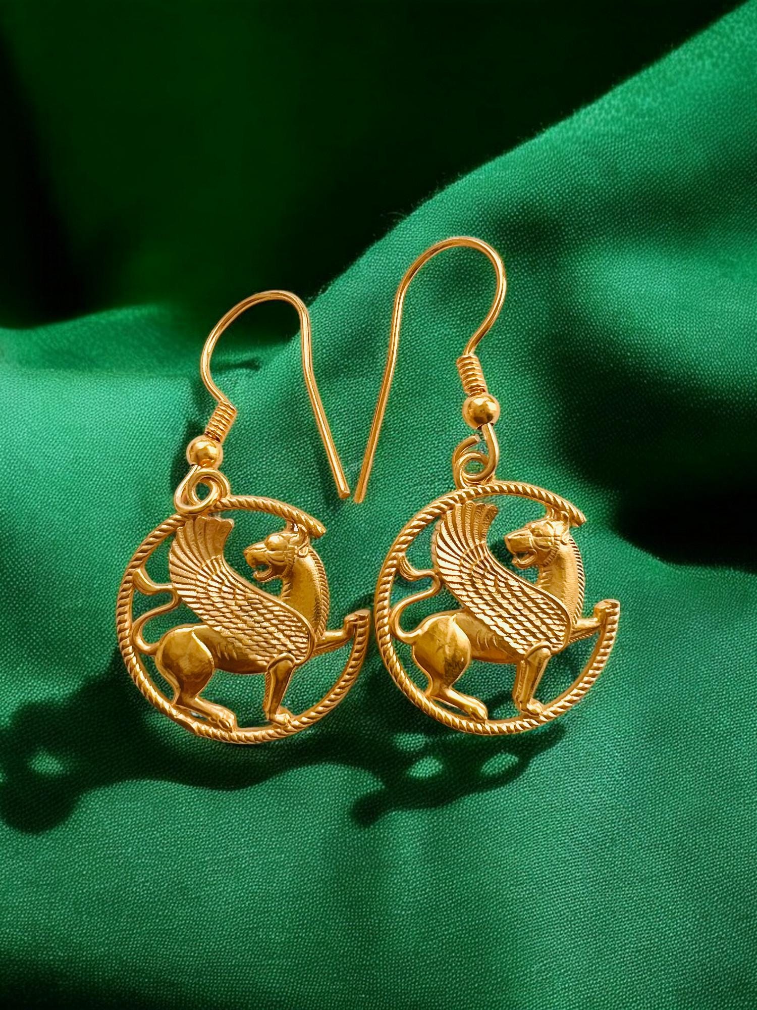 Persian Imperial Griffin Earrings • 22K Gold Plated • Handcrafted 925 Silver Mythical Jewelry,Persia, made in Turkey