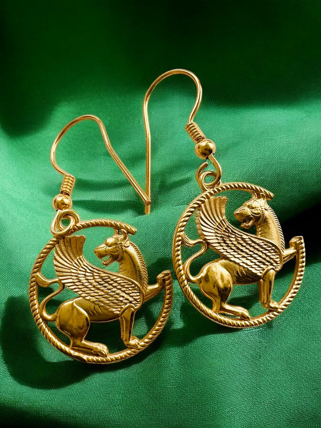 Persian Imperial Griffin Earrings • 22K Gold Plated • Handcrafted 925 Silver Mythical Jewelry,Persia, made in Turkey