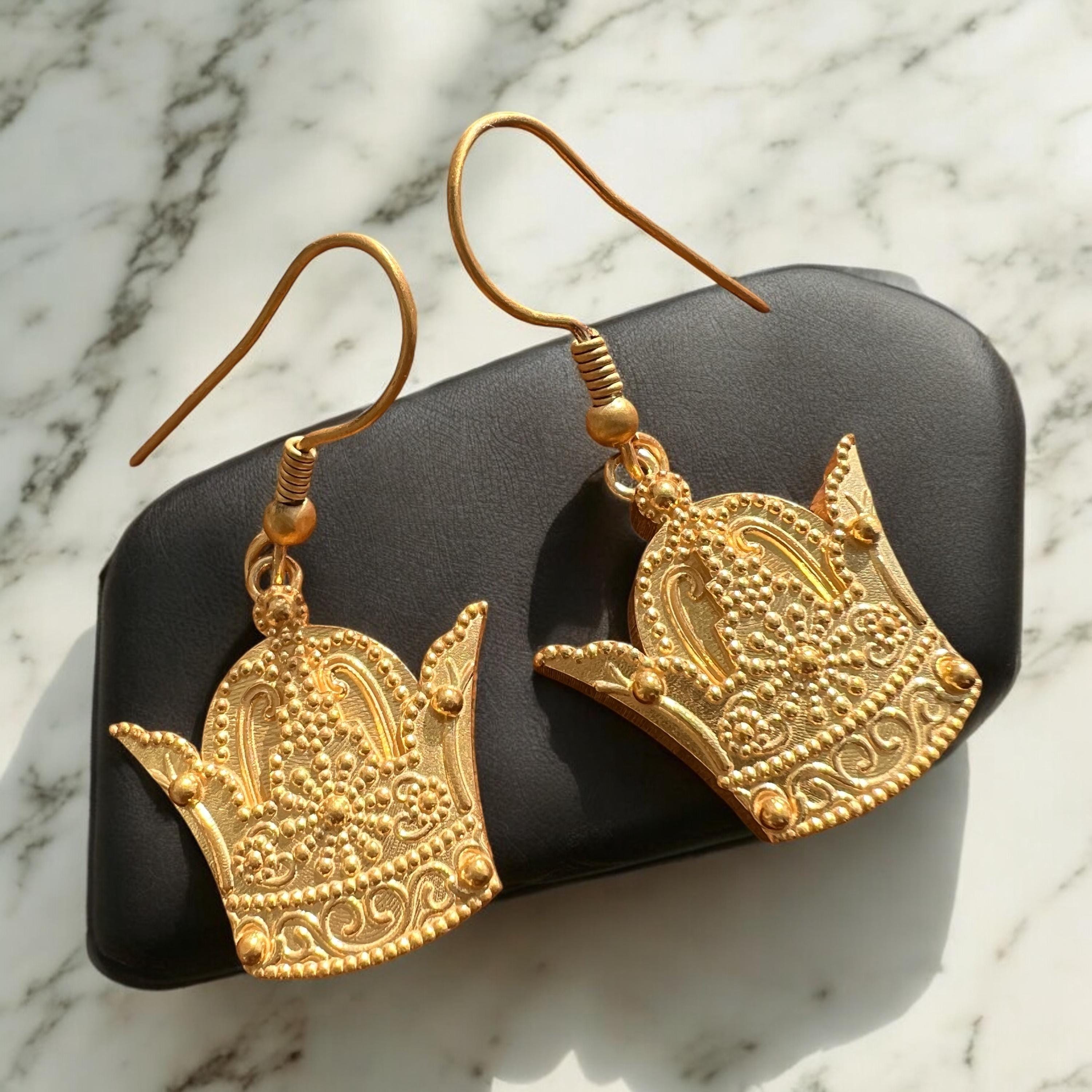 22k Gold Plated Pahlavi Crown Earrings: Persian Lion & Sun, 925 Silver