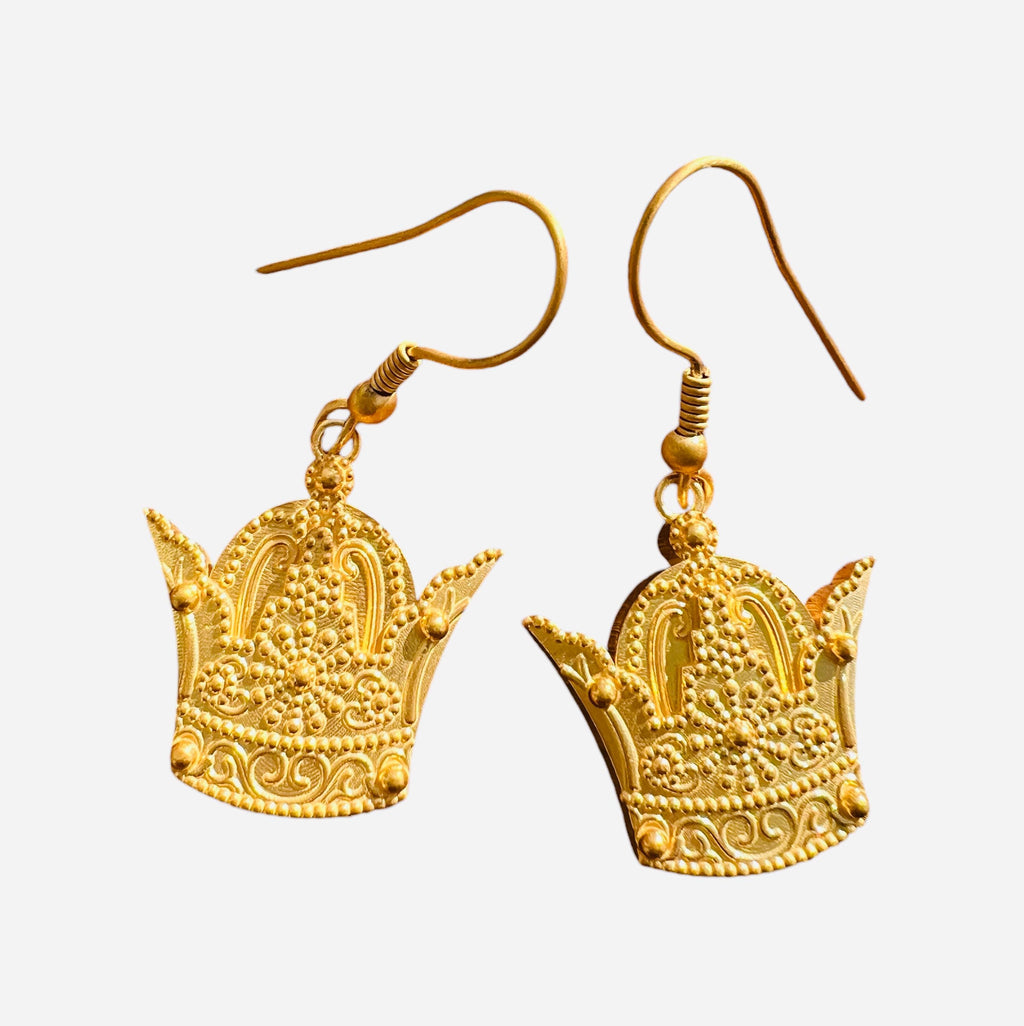 22k Gold Plated Pahlavi Crown Earrings: Persian Lion & Sun, 925 Silver
