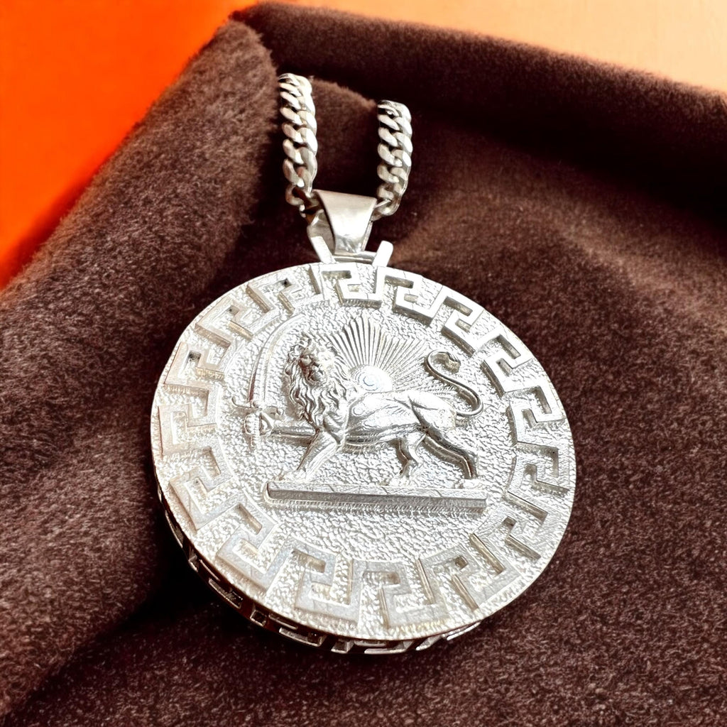 Imperial Lion & Sun 925 Sterling Silver Pendant Necklace - Persian Mythology Gift Made in Turkey