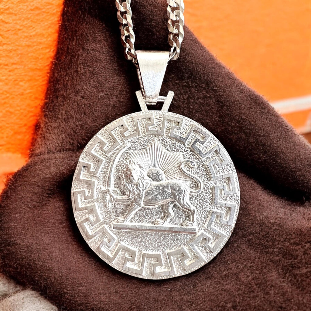 Imperial Lion & Sun 925 Sterling Silver Pendant Necklace - Persian Mythology Gift Made in Turkey