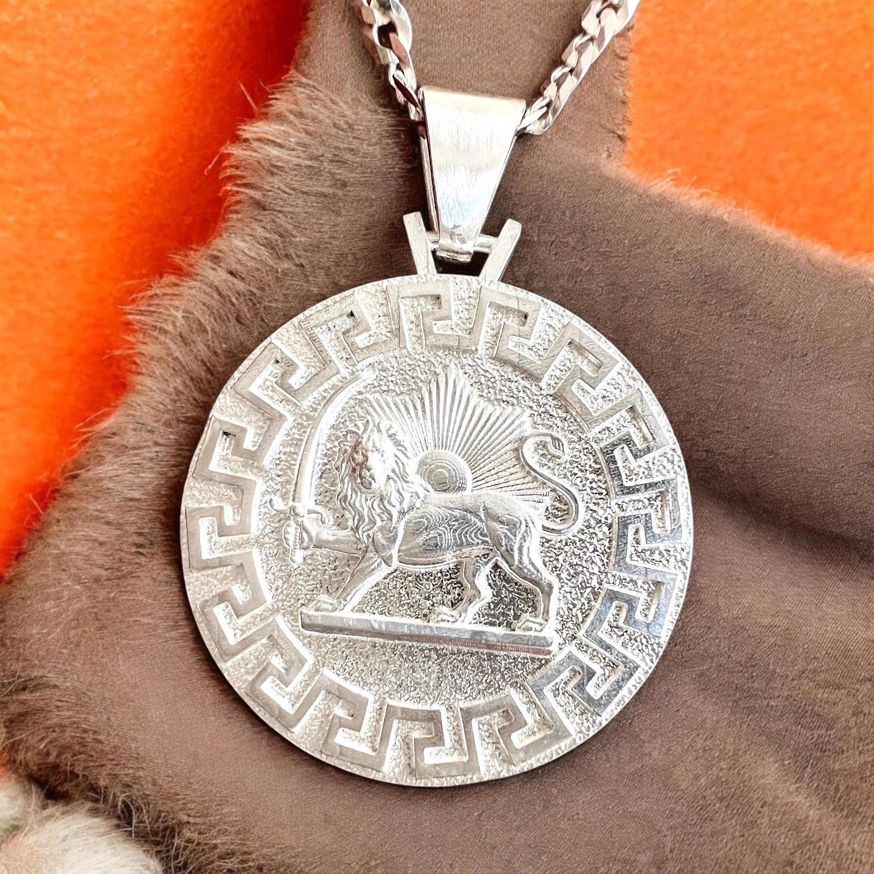 Imperial Lion & Sun 925 Sterling Silver Pendant Necklace - Persian Mythology Gift Made in Turkey