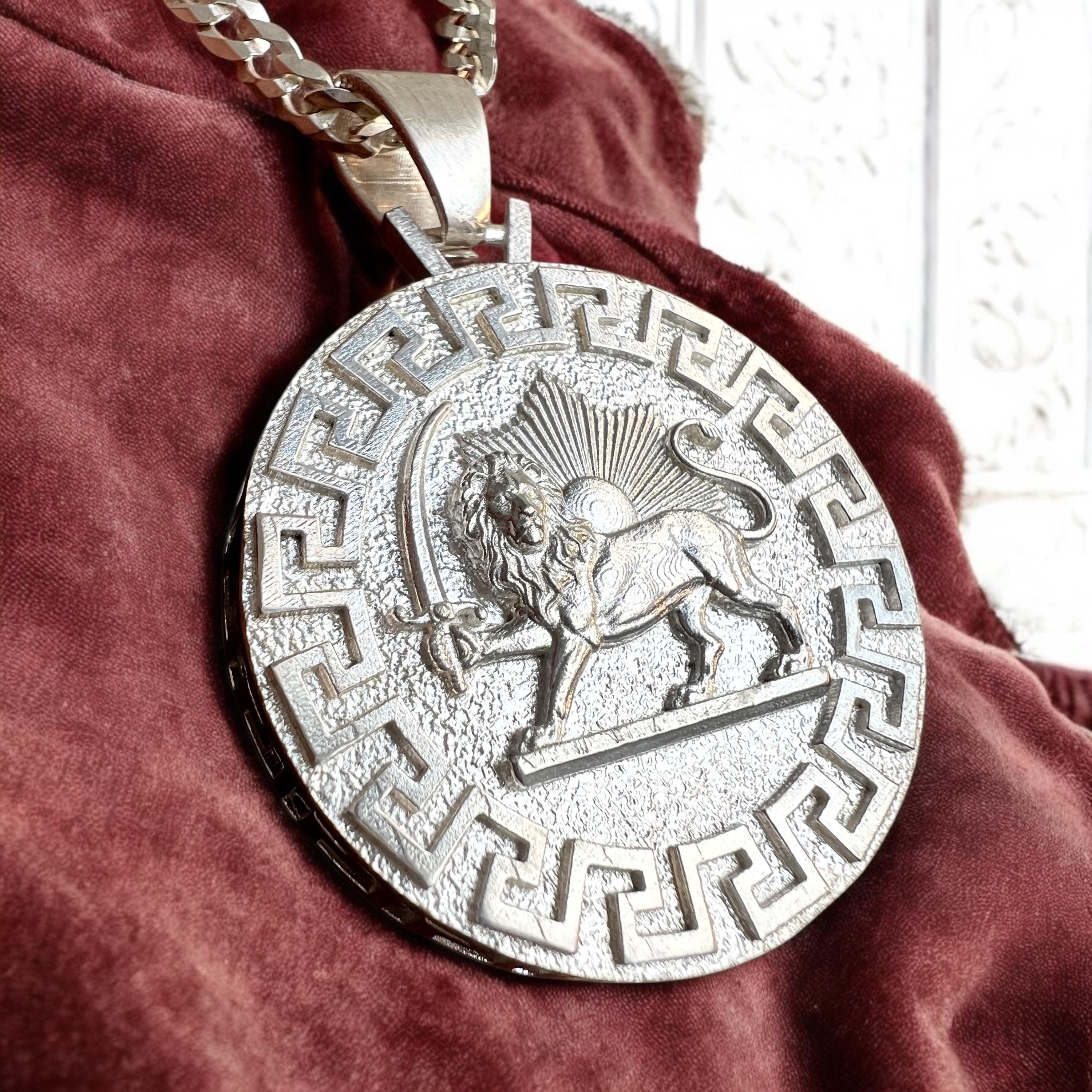 Imperial Lion & Sun 925 Sterling Silver Pendant Necklace - Persian Mythology Gift Made in Turkey