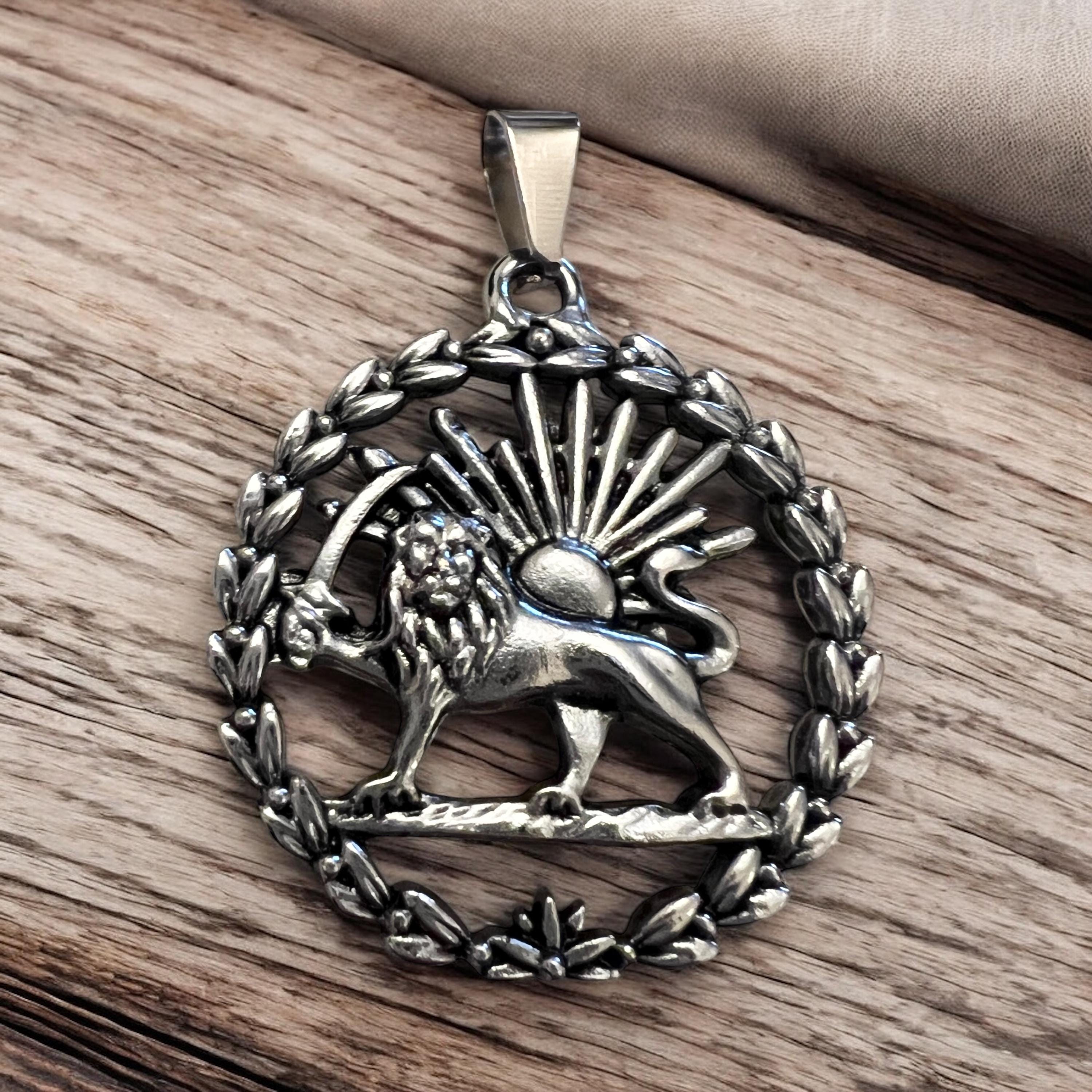 Imperial Lion & Sun Pendant Necklace: Persian Pahlavi Shah Coat of Arms
