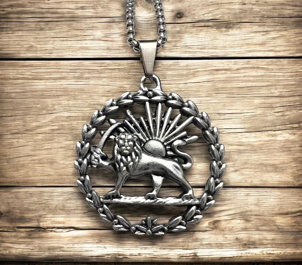 Imperial Lion & Sun Pendant Necklace: Persian Pahlavi Shah Coat of Arms