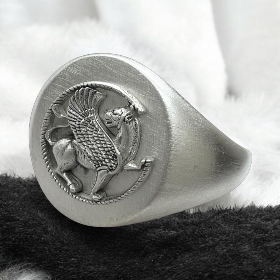 Unisex 925 Silver Griffin Ring: Persian Imperial Pahlavi Style