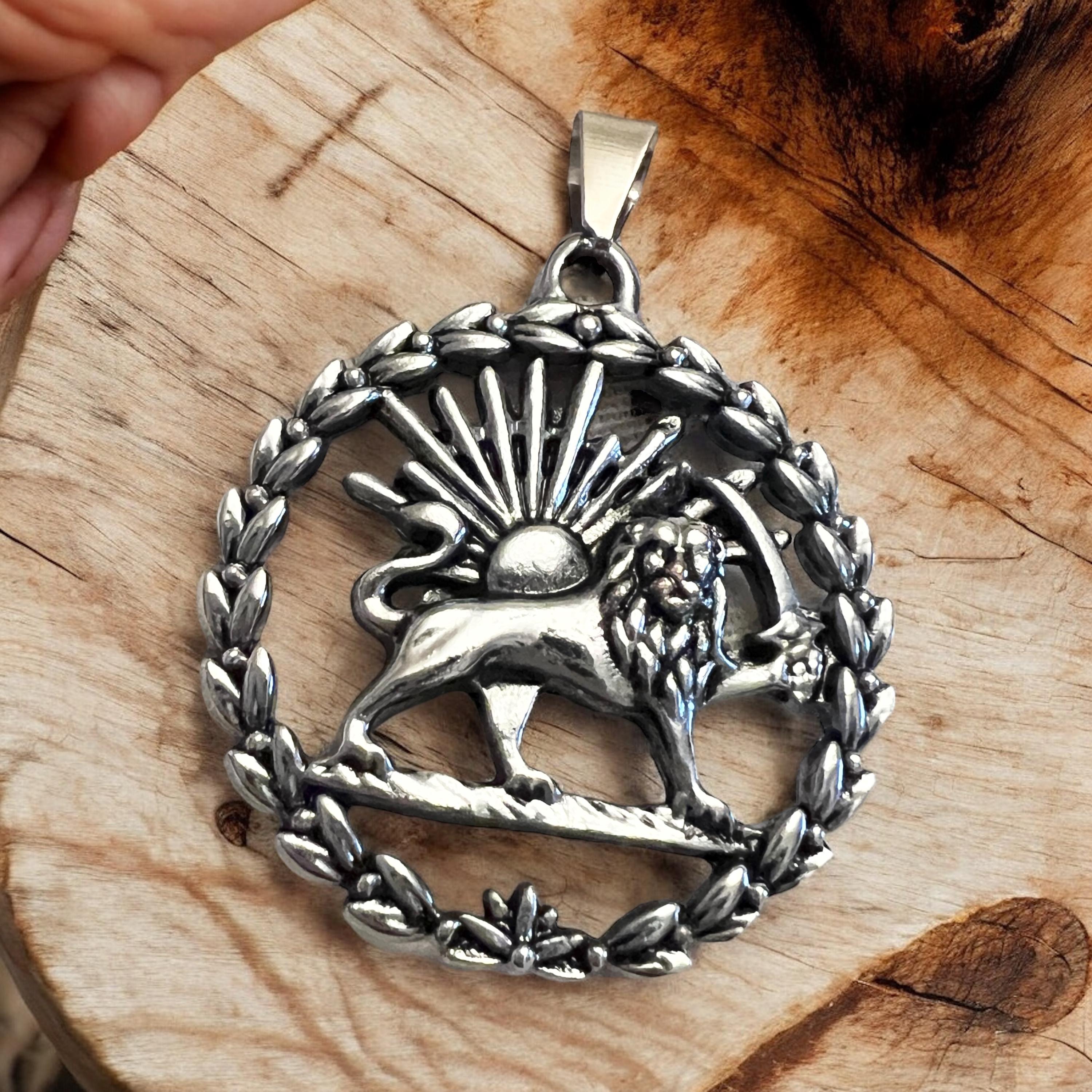 Imperial Lion & Sun Pendant Necklace: Persian Pahlavi Shah Coat of Arms