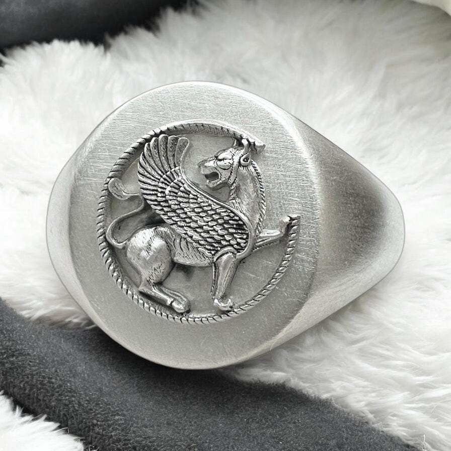 Unisex 925 Silver Griffin Ring: Persian Imperial Pahlavi Style