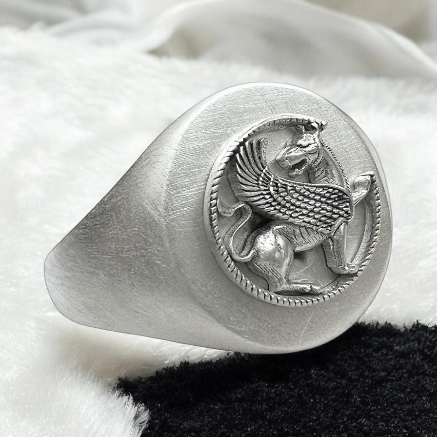 Unisex 925 Silver Griffin Ring: Persian Imperial Pahlavi Style
