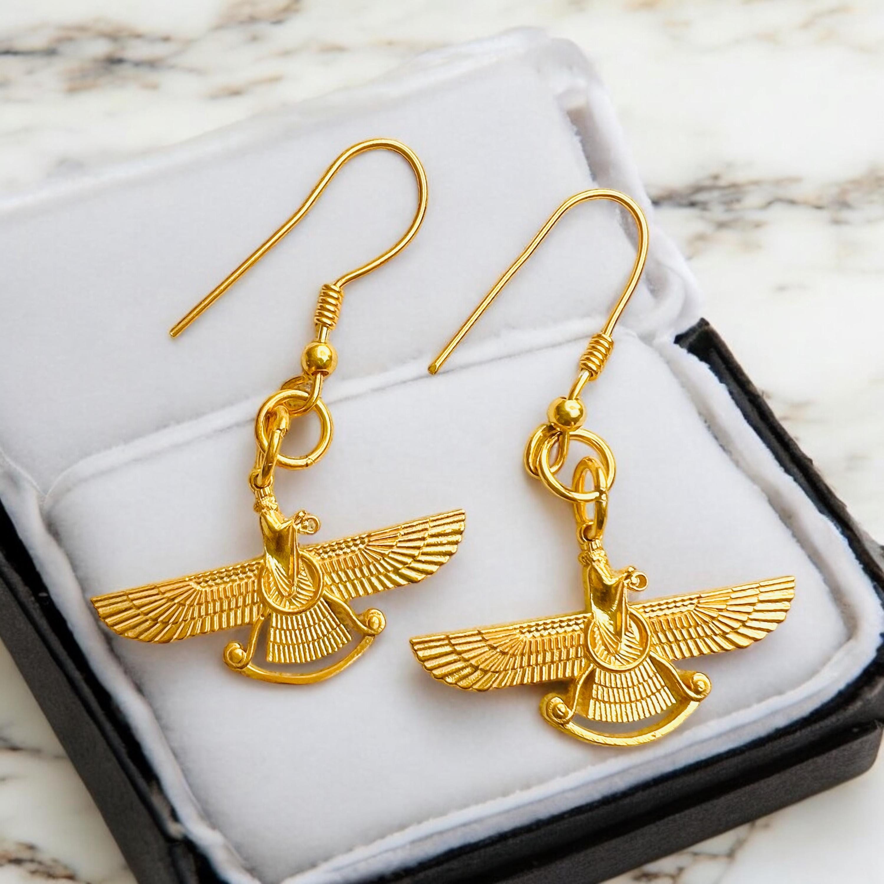 Persian Farvahar Earrings – 22K Gold Plated 925 Sterling Silver Zoroastrian Mythology Jewelry