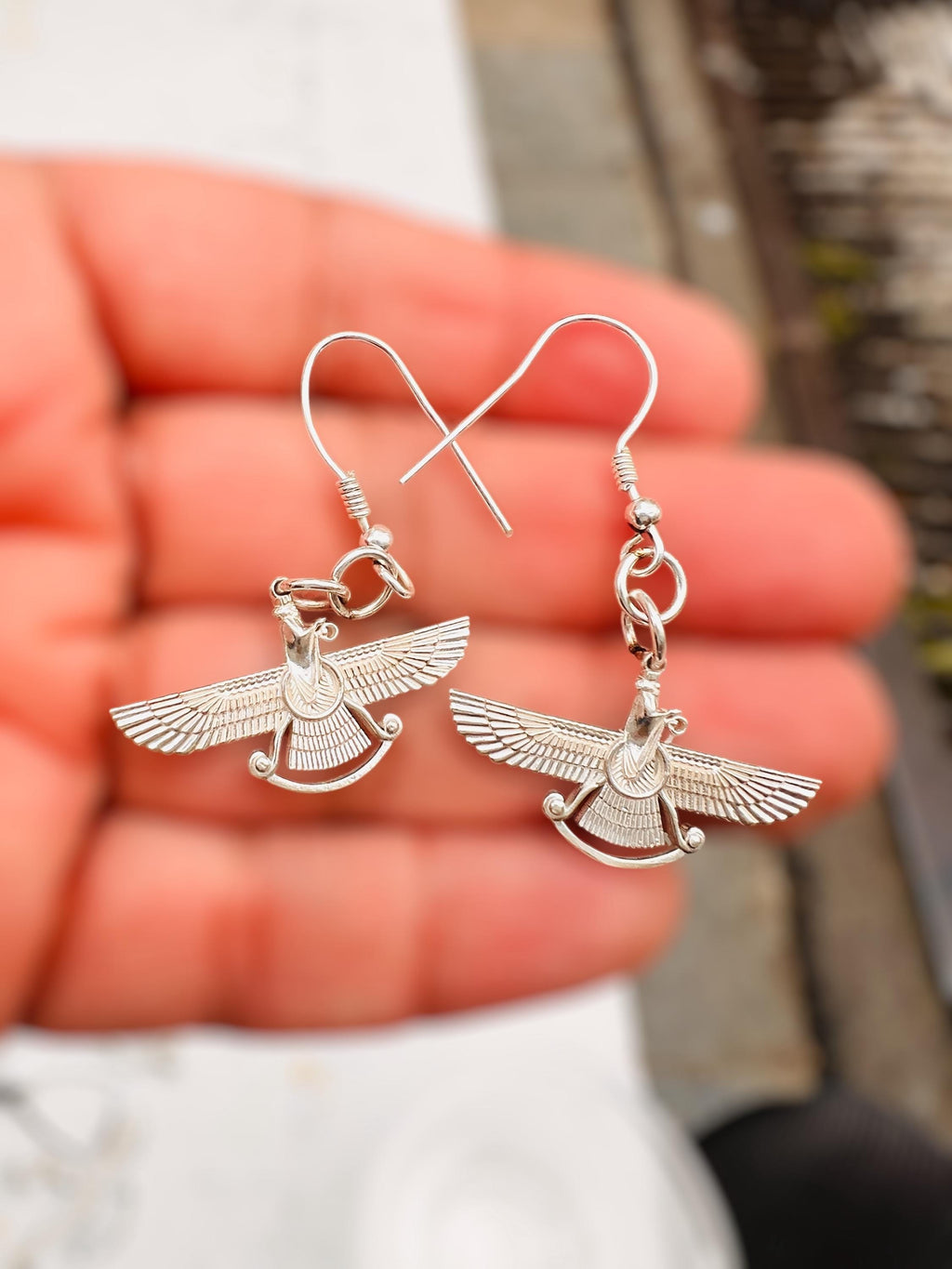 Silver Farvahar Earrings: Persian Zoroastrian Spiritual Symbol