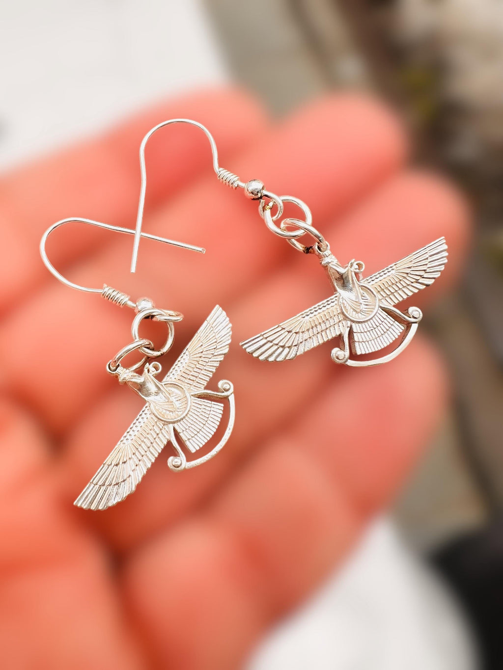 Silver Farvahar Earrings: Persian Zoroastrian Spiritual Symbol
