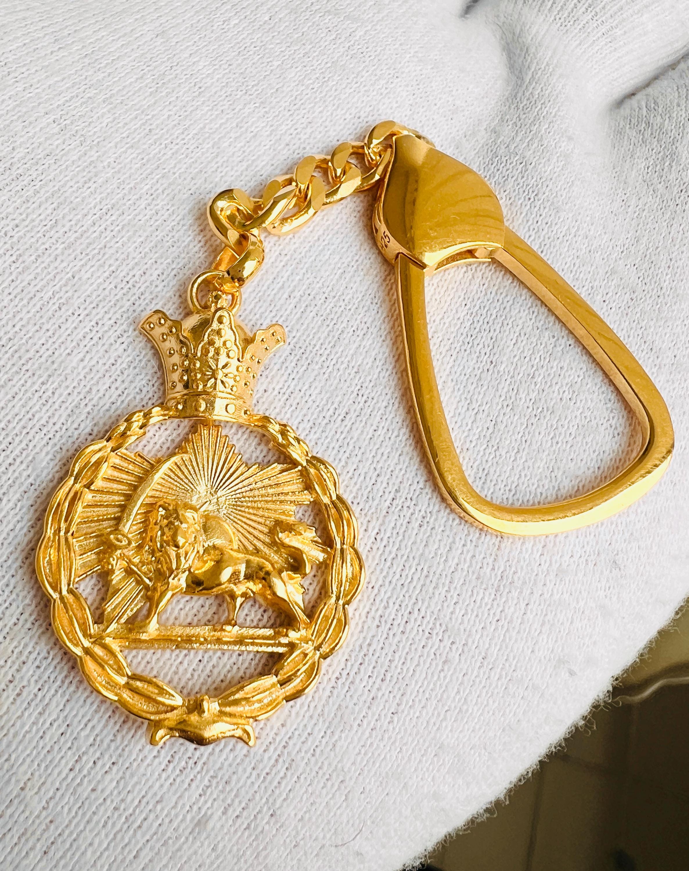 Persian Lion & Sun Keyring – Gold Plated 925 Sterling Silver, Pahlavi Shah Inspired Gift,Made in Turkey