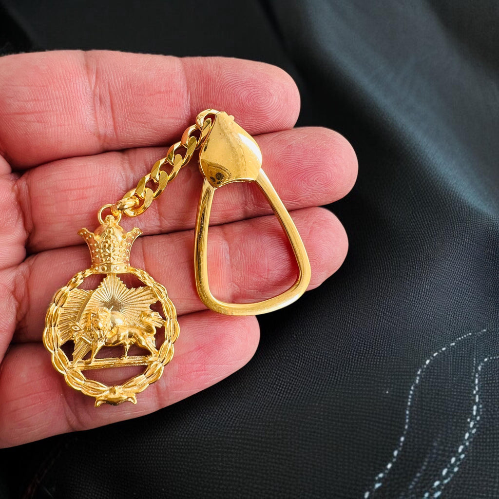Persian Lion & Sun Keyring – Gold Plated 925 Sterling Silver, Pahlavi Shah Inspired Gift,Made in Turkey