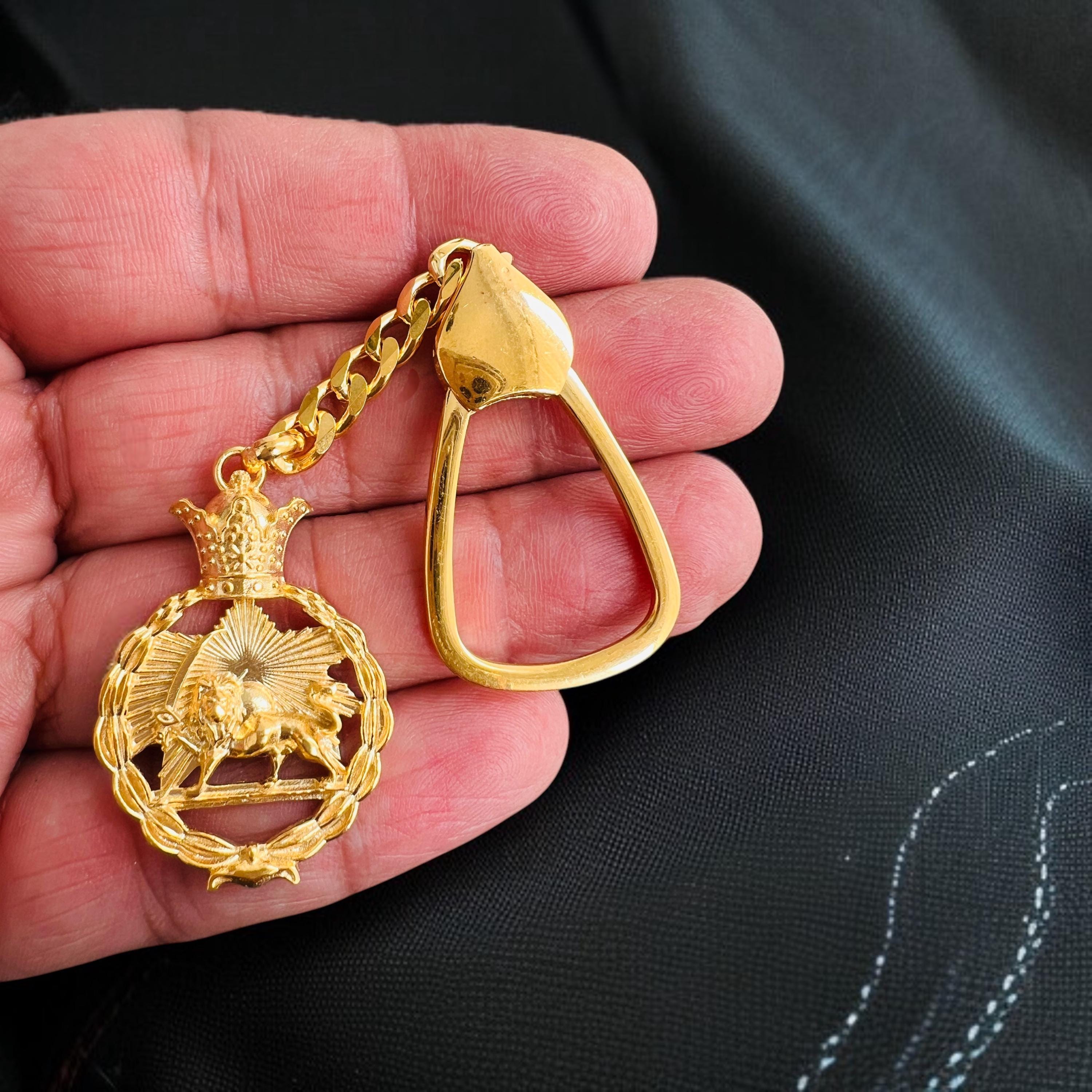 Persian Lion & Sun Keyring – Gold Plated 925 Sterling Silver, Pahlavi Shah Inspired Gift,Made in Turkey