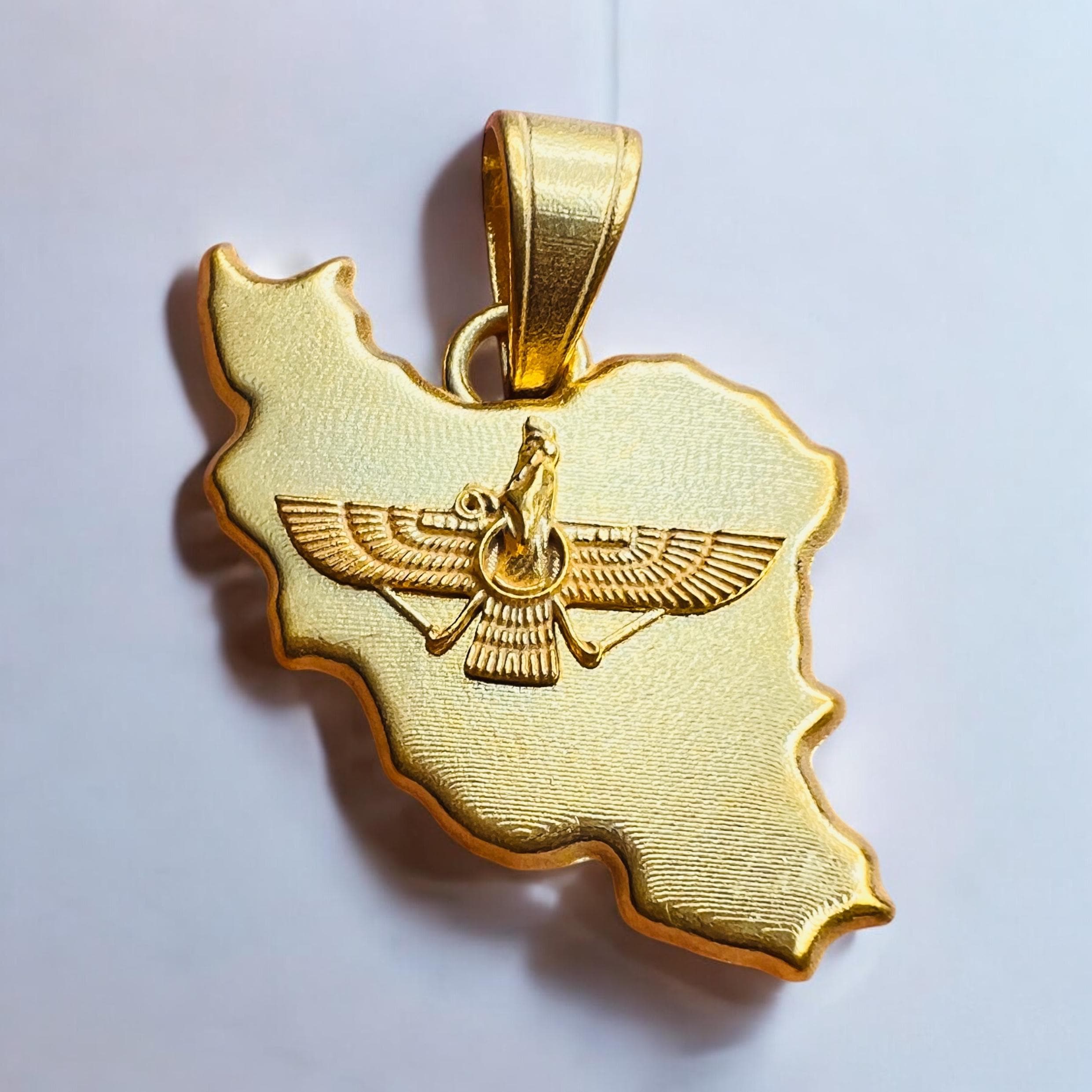 22k Gold Plaited Lion & Sun Farvahar Pendant: 925 Silver Persian Mythology Gift