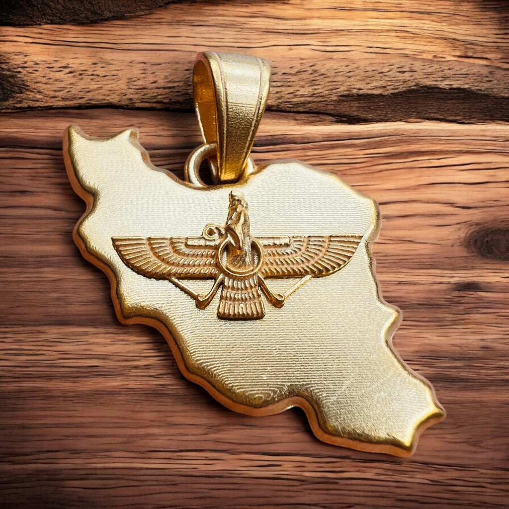22k Gold Plaited Lion & Sun Farvahar Pendant: 925 Silver Persian Mythology Gift