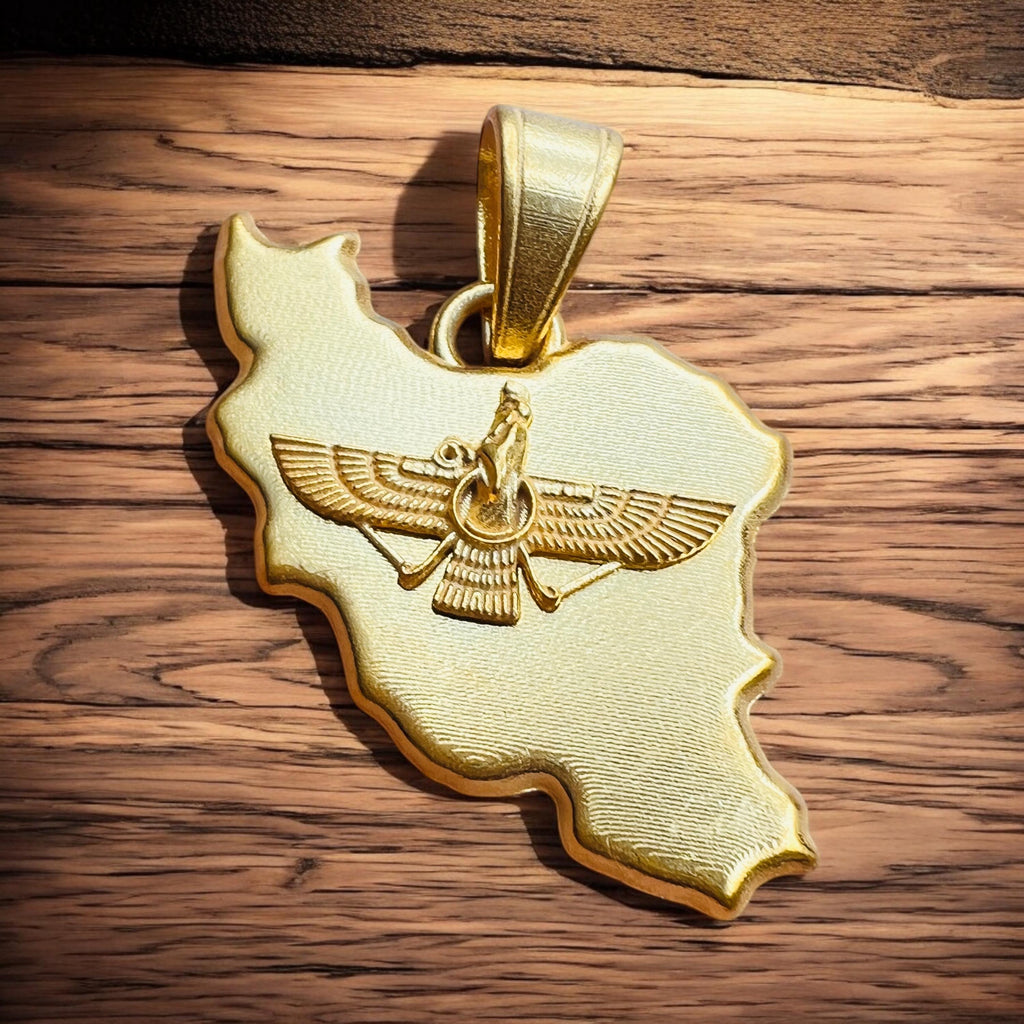 22k Gold Plaited Lion & Sun Farvahar Pendant: 925 Silver Persian Mythology Gift