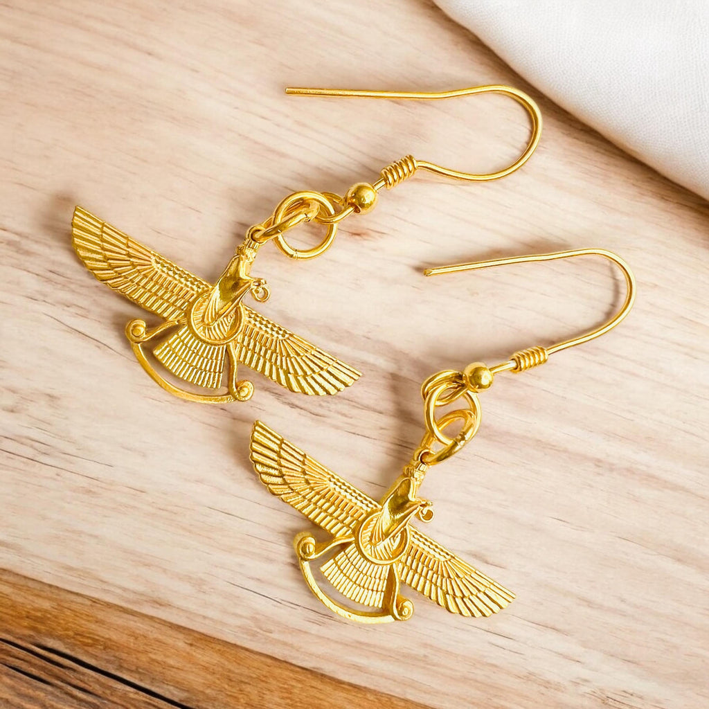 Persian Farvahar Earrings – 22K Gold Plated 925 Sterling Silver Zoroastrian Mythology Jewelry