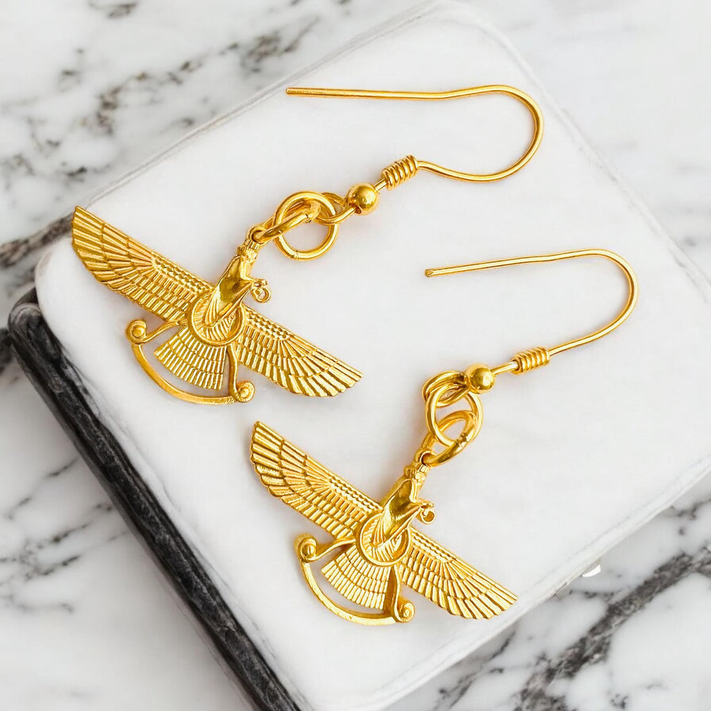 Persian Farvahar Earrings – 22K Gold Plated 925 Sterling Silver Zoroastrian Mythology Jewelry