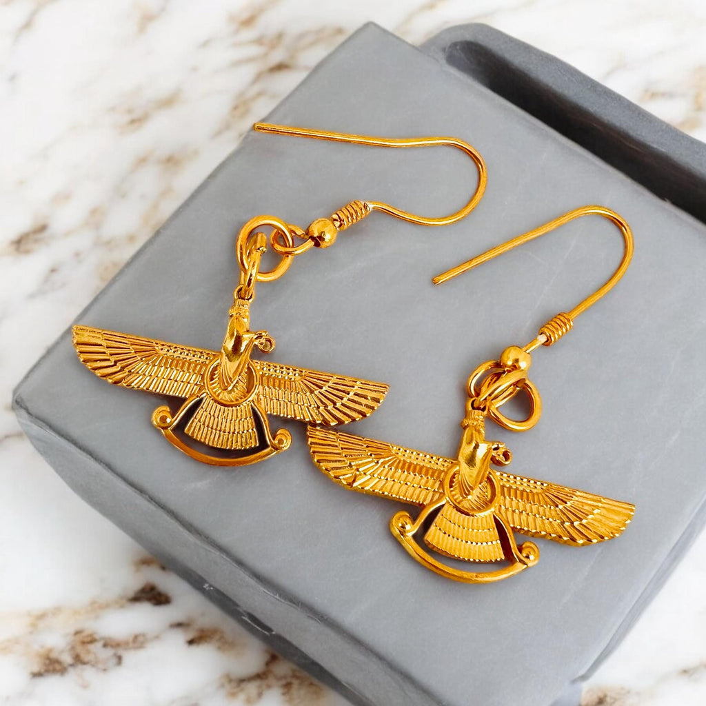 Persian Farvahar Earrings – 22K Gold Plated 925 Sterling Silver Zoroastrian Mythology Jewelry