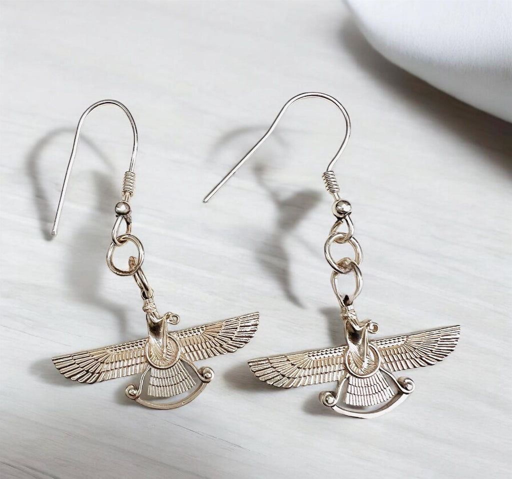 Silver Farvahar Earrings: Persian Zoroastrian Spiritual Symbol