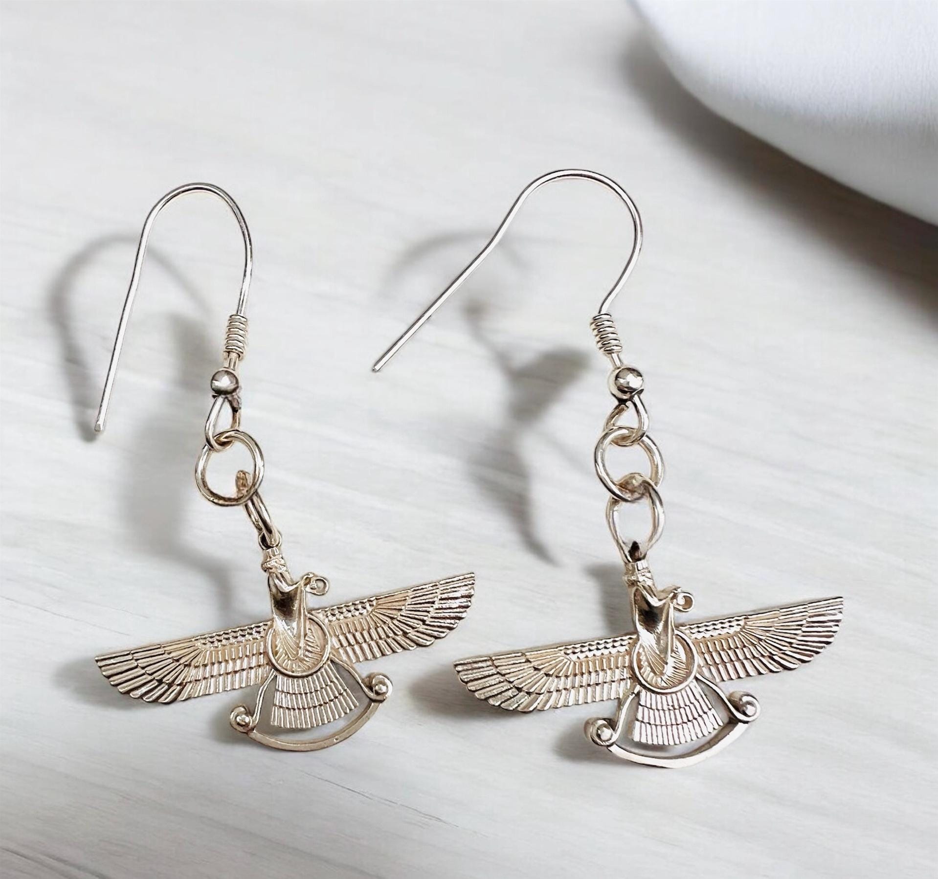 Silver Farvahar Earrings: Persian Zoroastrian Spiritual Symbol