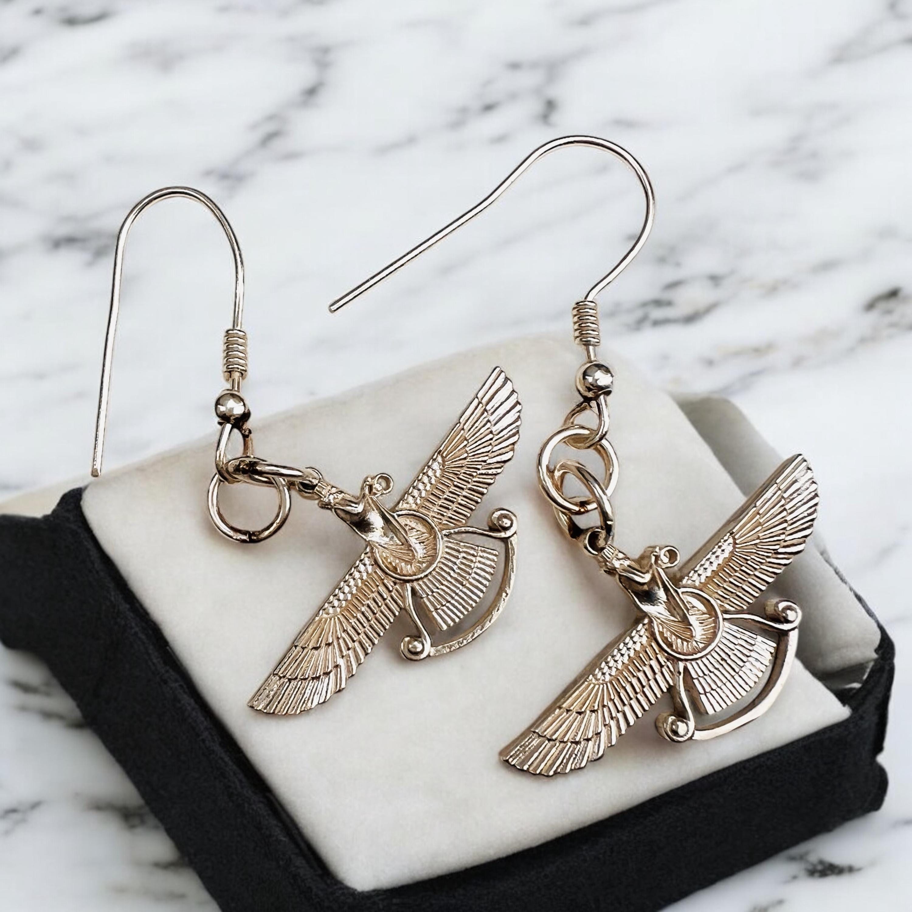 Silver Farvahar Earrings: Persian Zoroastrian Spiritual Symbol