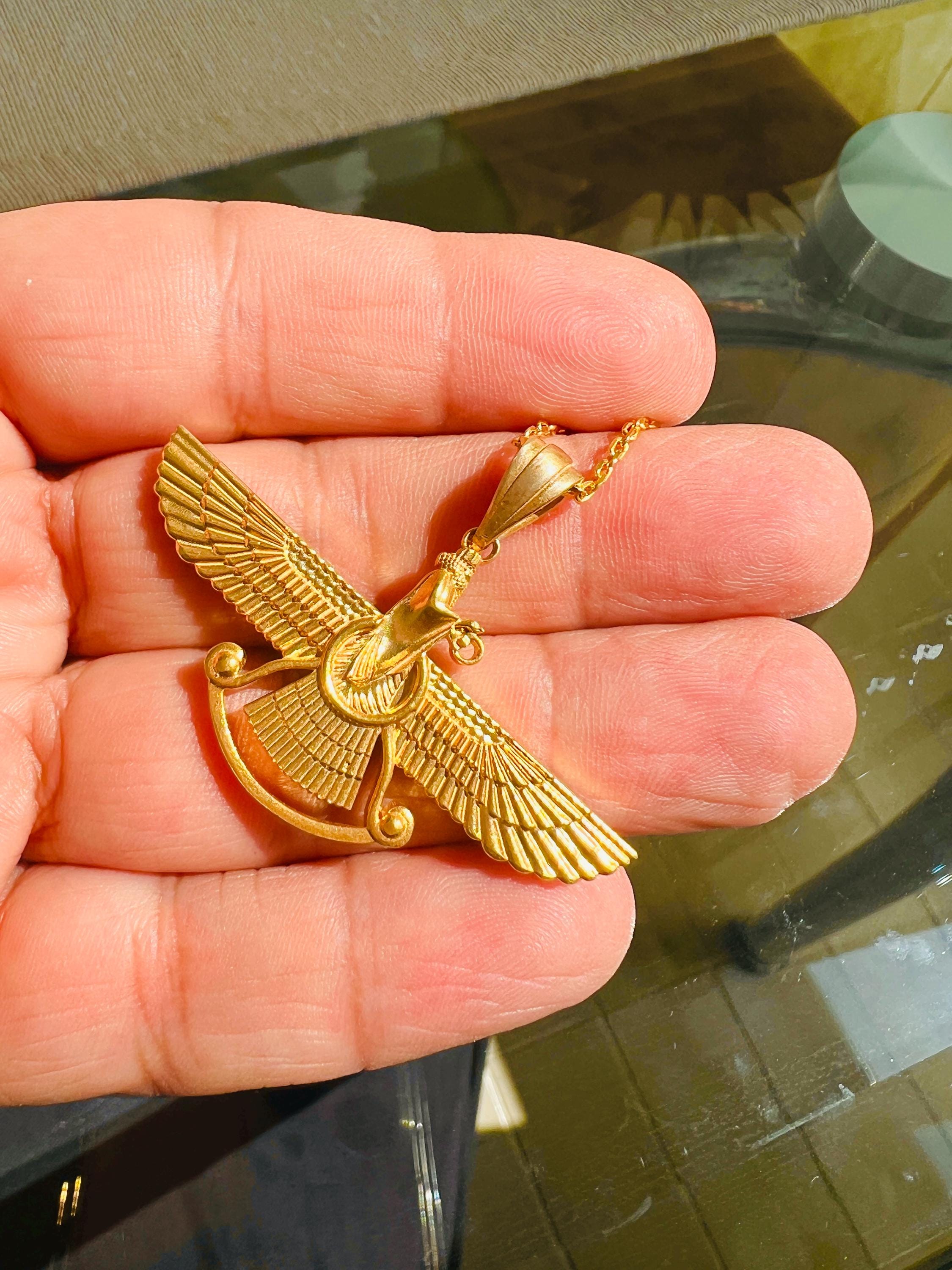 Gold Plated Farvahar Pendant – 925 Sterling Silver Persian Zoroastrian Necklace, Ancient Symbol Amulet