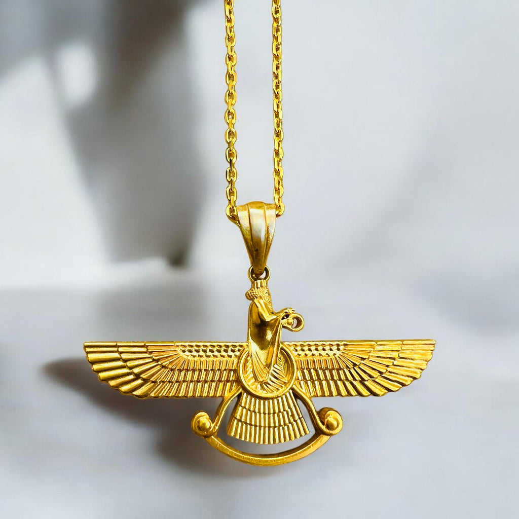 Gold Plated Farvahar Pendant – 925 Sterling Silver Persian Zoroastrian Necklace, Ancient Symbol Amulet