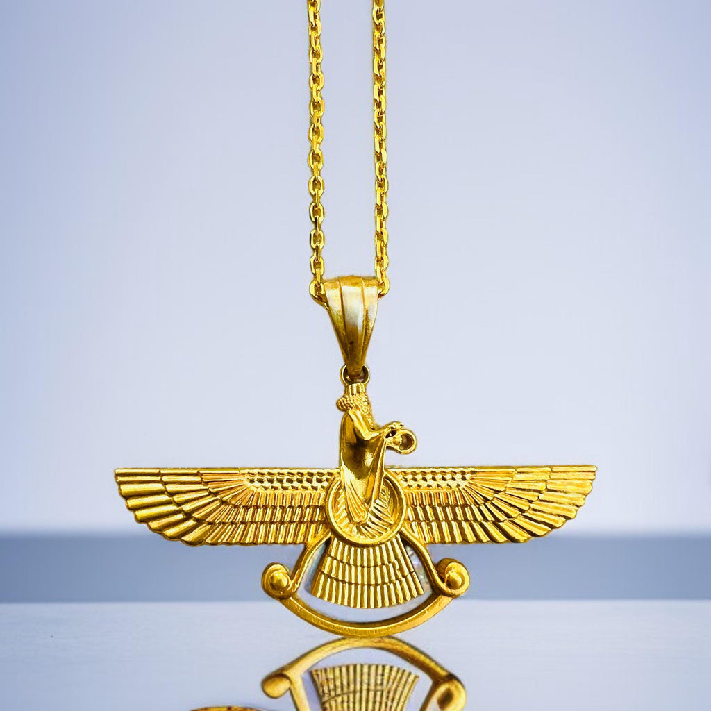 Gold Plated Farvahar Pendant – 925 Sterling Silver Persian Zoroastrian Necklace, Ancient Symbol Amulet