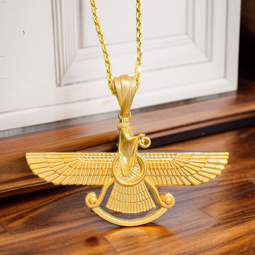 Gold Plated Farvahar Pendant – 925 Sterling Silver Persian Zoroastrian Necklace, Ancient Symbol Amulet