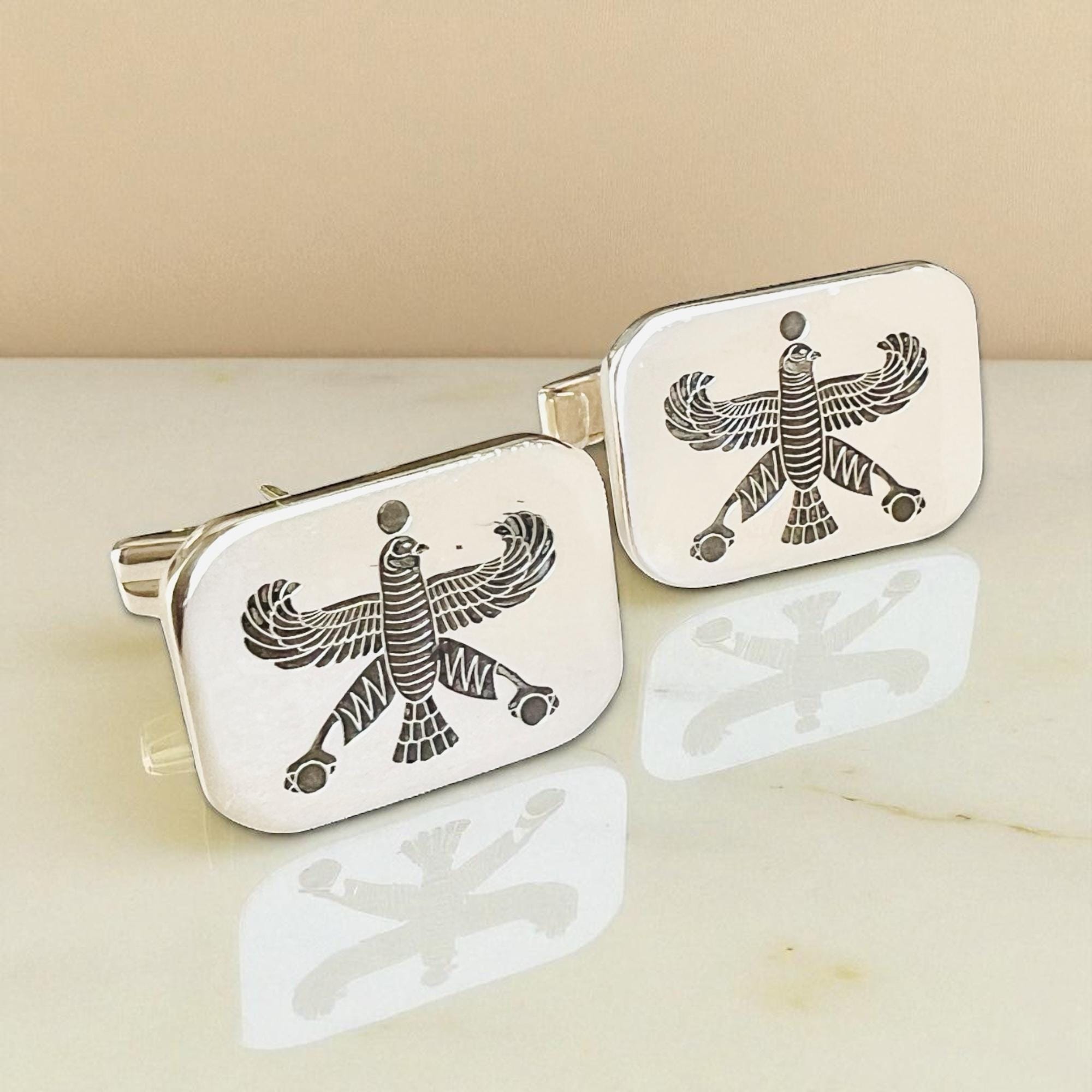 Sterling Silver Falcon Eagle Cufflinks: Persian Empire Achaemenid Jewelry