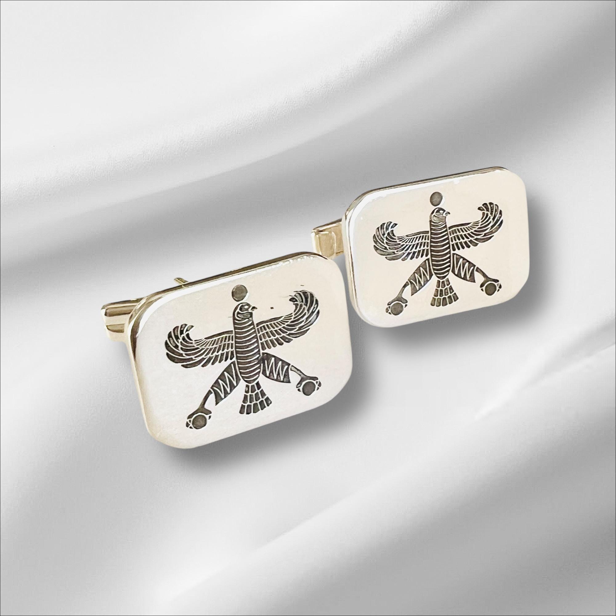 Sterling Silver Falcon Eagle Cufflinks: Persian Empire Achaemenid Jewelry