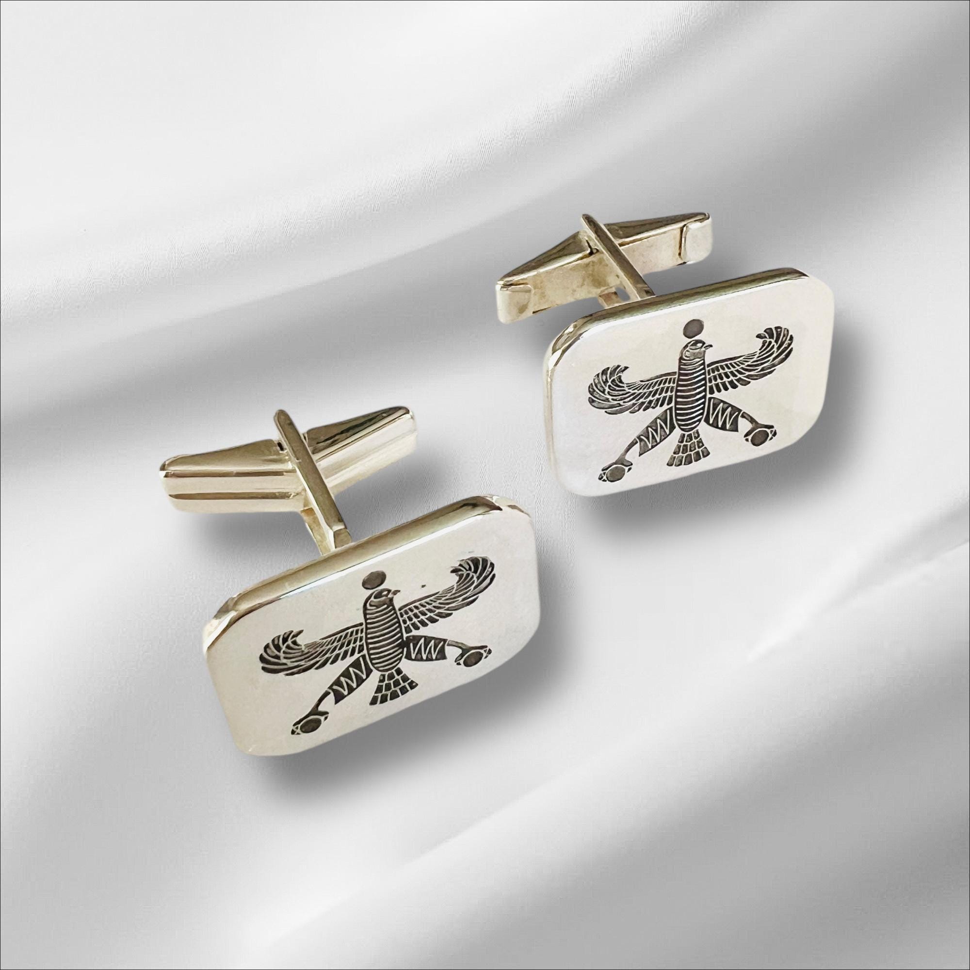Sterling Silver Falcon Eagle Cufflinks: Persian Empire Achaemenid Jewelry