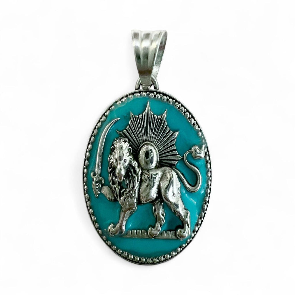 Turquoise Lion & Sun Sterling Silver Pendant: Persian Pahlavi Farsi Mythology Pendant