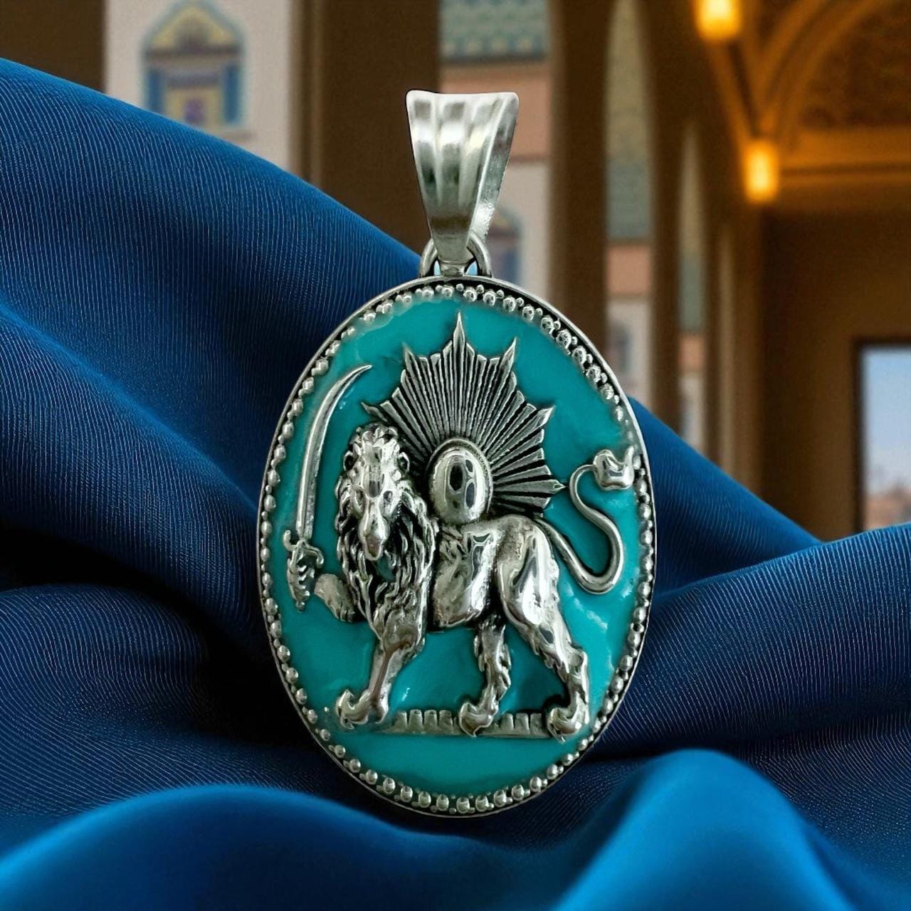 Turquoise Lion & Sun Sterling Silver Pendant: Persian Pahlavi Farsi Mythology Pendant